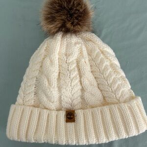 Timberland Sherpa lined Ivory Cable Knit Beanie with Pom-Pom